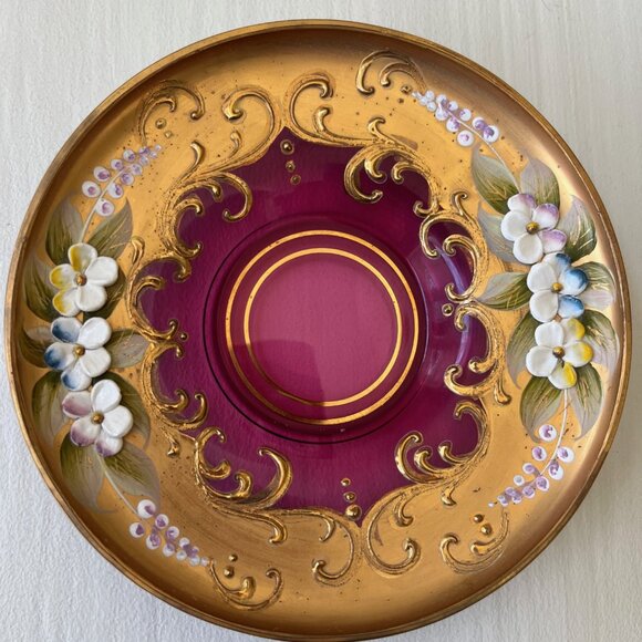 MURANO GLASS TEACUP SAUCER SET ITALY Venetian Hand Painted, Raised Floral Design - Picture 9 of 10